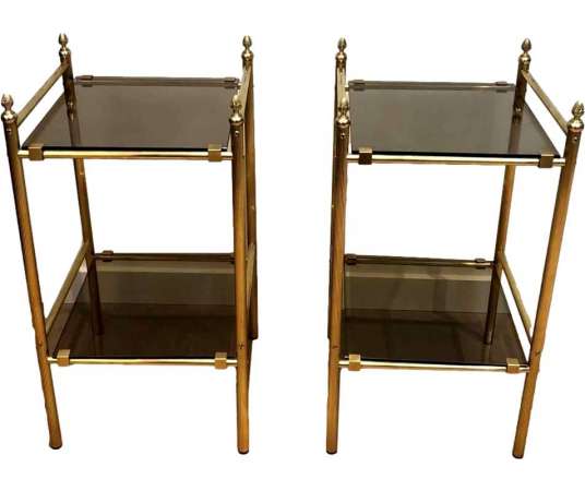 Pair of 20th Century Brass Sofa Ends and Smoked Glass Trays