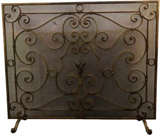 Large Gilded Iron Firewall From the 1900s - chenets, fireplace accessories