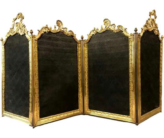 Old Fireplace Firewall In Bronze And Brass From The 19th Century - chenets, fireplace accessories