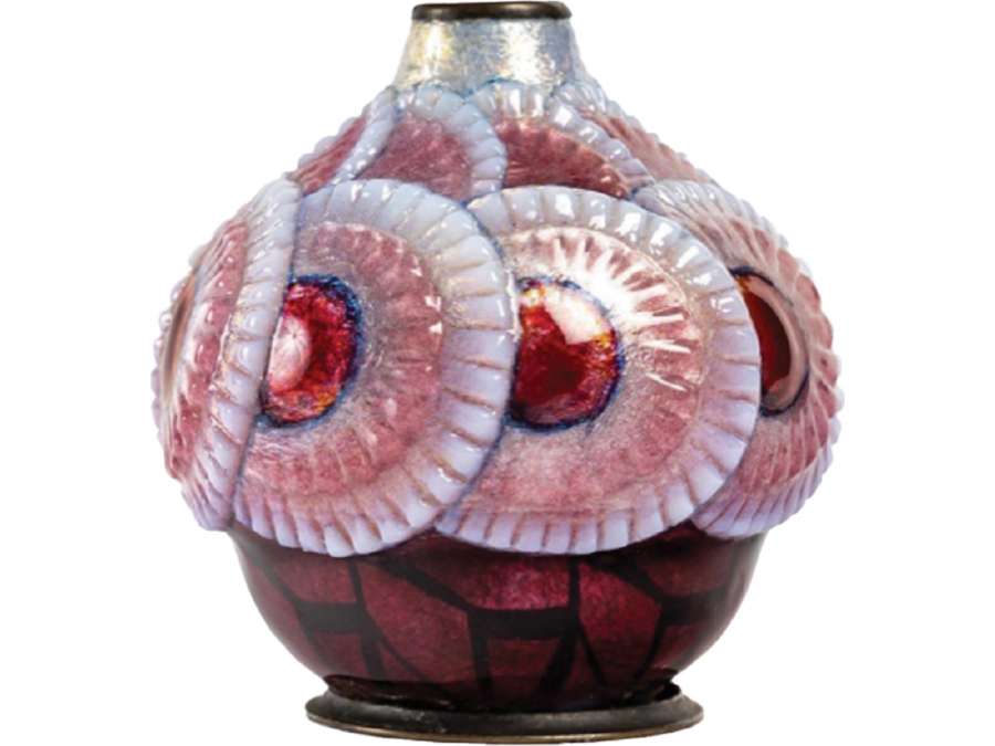 Camille Fauré : Enameled copper vase + circa 1930