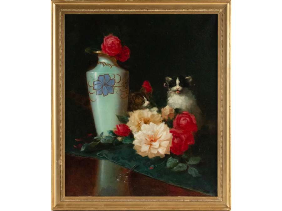 Maurice Isabelle Sprenger-Sébilleau (1849 - 1907) Jetée de fleurs avec chats.
