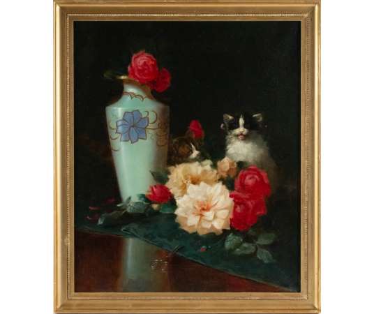 Maurice Isabelle Sprenger-Sébilleau (1849 - 1907) Jetée de fleurs avec chats.