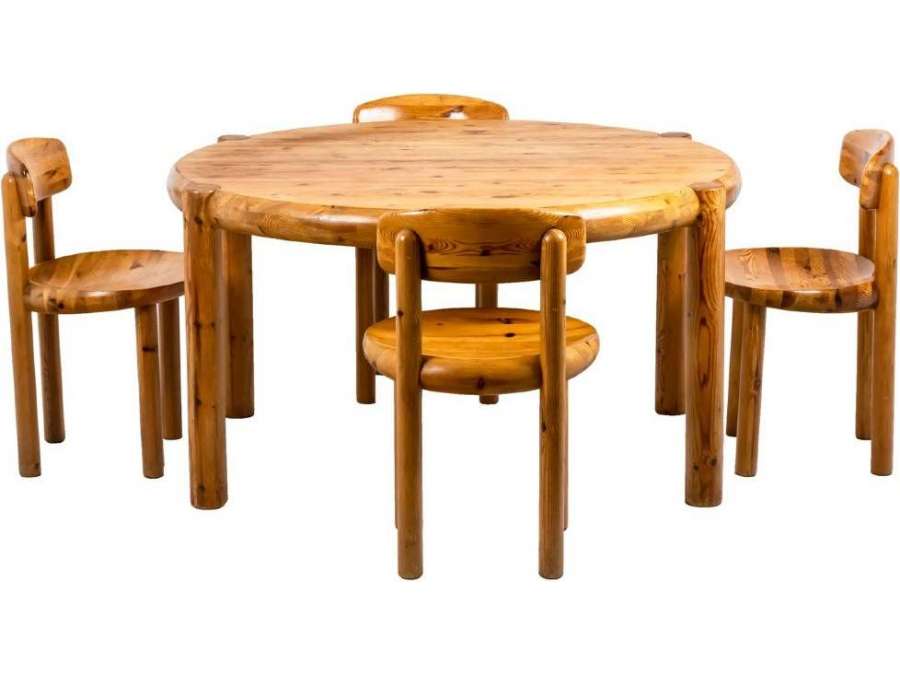 Rainer Daumiller: Dining table+ and series of chairs in pine, Circa 1960