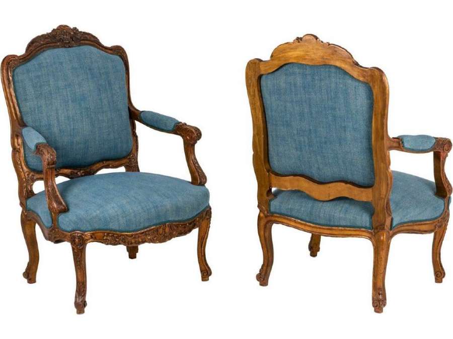Pair of Louis XV style+ wood armchairs, Circa 1880
