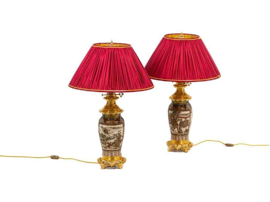Pair of fine earthenware lamps+ from satsuma, Circa 1880