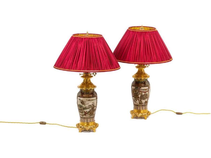 Paire de lampe en faïence fine+ de satsuma, Circa 1880