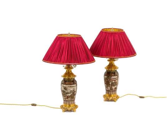 Pair Of Fine Earthenware Lamp From Satsuma, Circa 1880 - oil Lamps