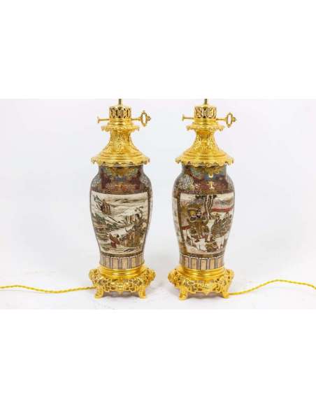 Paire De Lampe En Faïence Fine De Satsuma, Circa 1880 - lampes à pétrole-Bozaart