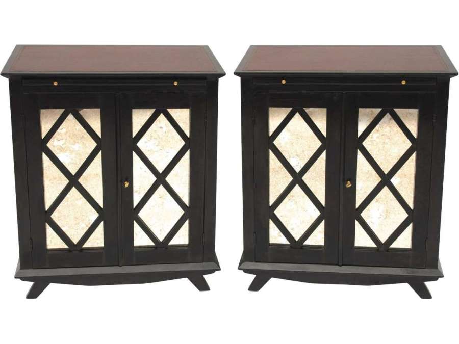 Pair Of Black Lacquer Sideboards Decorated With Braces, Circa 1950 - LS27931601 - Sideboards - Enfilades