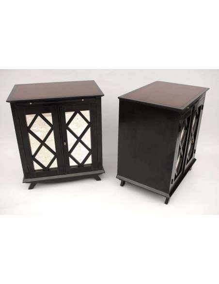 Pair Of Black Lacquer Sideboards Decorated With Braces, Circa 1950 - LS27931601 - Sideboards - Enfilades-Bozaart