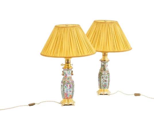 Pair of Canton porcelain lamps, 19th century