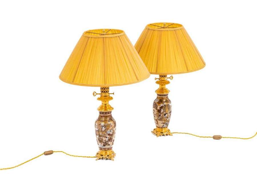 Pair of lamps in Satsuma earthenware and gilded bronze, circa 1880, LS4583841 - oil lamps