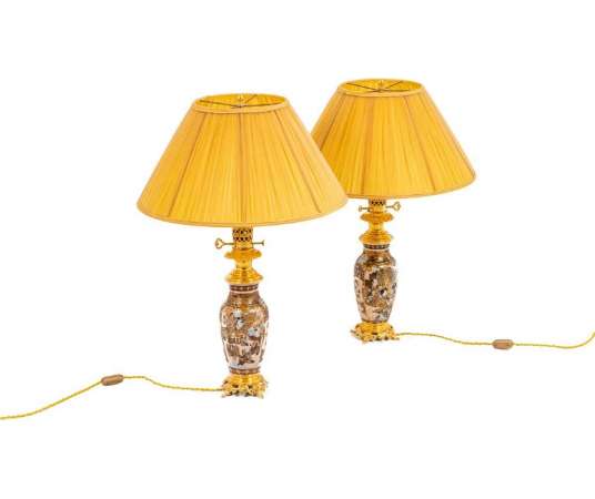 Pair of lamps in Satsuma earthenware and gilded bronze, circa 1880, LS4583841 - oil lamps