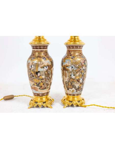 Paire de lampes en faïence de Satsuma et bronze doré, circa 1880, LS4583841 - lampes à pétrole-Bozaart