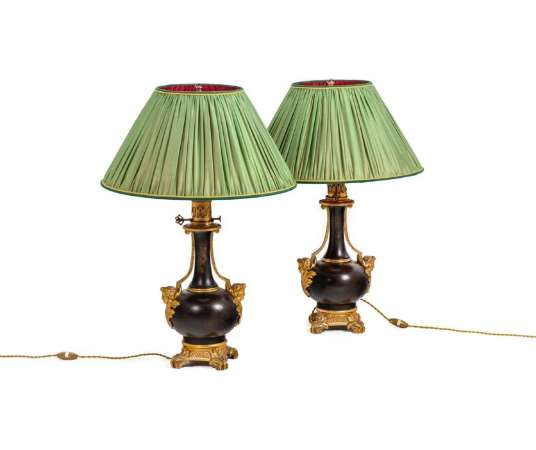 Paire De Lampes En Tôle Et Bronze Doré, Circa 1880, Op529901 - lampes à pétrole