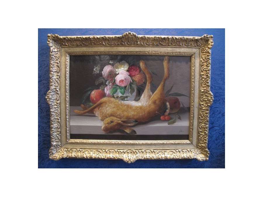 A Still life representing a rabbit and a bouquet of roses. 19th century.