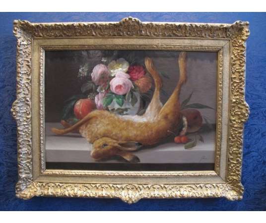 A Still life representing a rabbit and a bouquet of roses. 19th century.