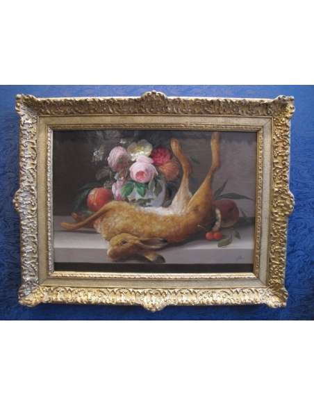 A Still life representing a rabbit and a bouquet of roses. 19th century.-Bozaart