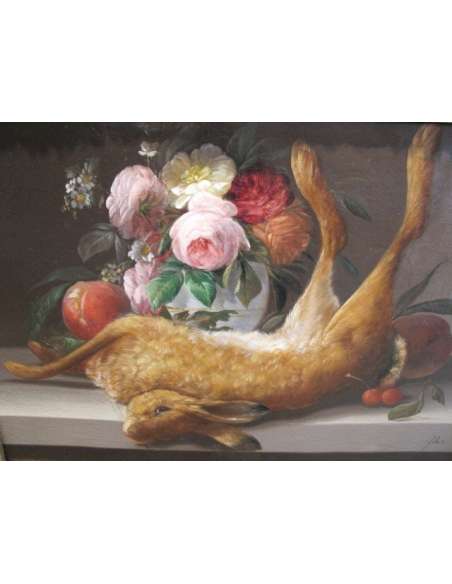 Nature morte représentant un lapin et un bouquet de roses. XIXème siècle.-Bozaart