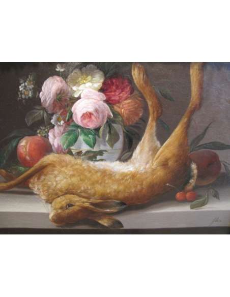 Nature morte représentant un lapin et un bouquet de roses. XIXème siècle.-Bozaart