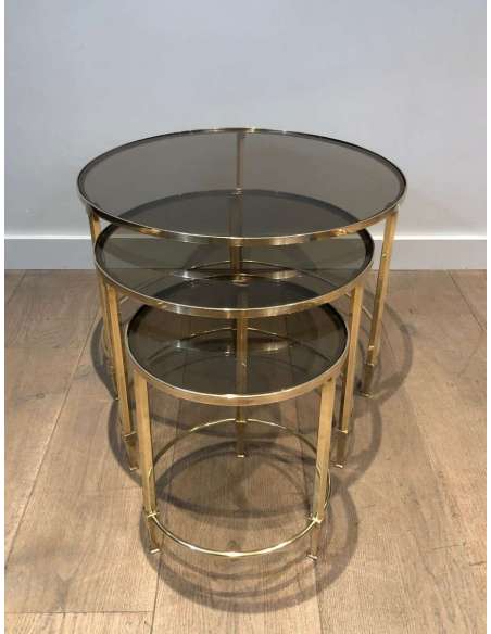 Maison Ramsay Series of 3 Round Nesting Tables from the 20th Century in Brass-Bozaart