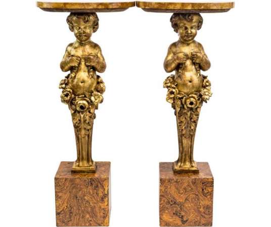 Pair Of Consoles Representing Putti, Gilded Wood, Late Nineteenth Century - LS35301251 - columns, fifth wheels