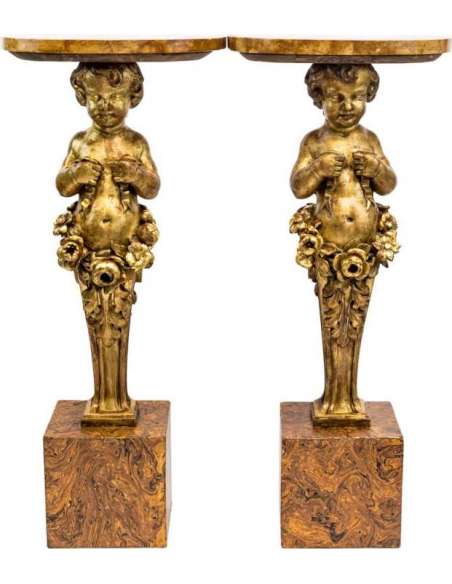 Pair Of Consoles Representing Putti, Gilded Wood, Late Nineteenth Century - LS35301251 - columns, fifth wheels-Bozaart