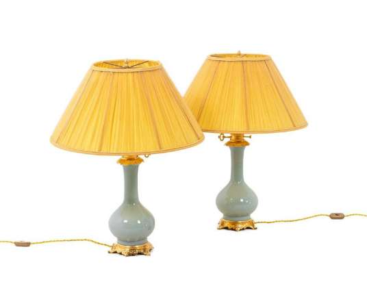 Pair Of Celadon Porcelain And Gilded Bronze Lamps, Circa 1880, LS4418621A - oil Lamps
