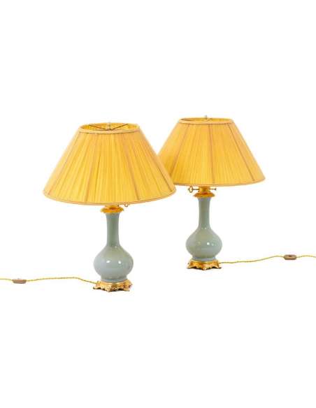 Pair Of Celadon Porcelain And Gilded Bronze Lamps, Circa 1880, LS4418621A - oil Lamps-Bozaart
