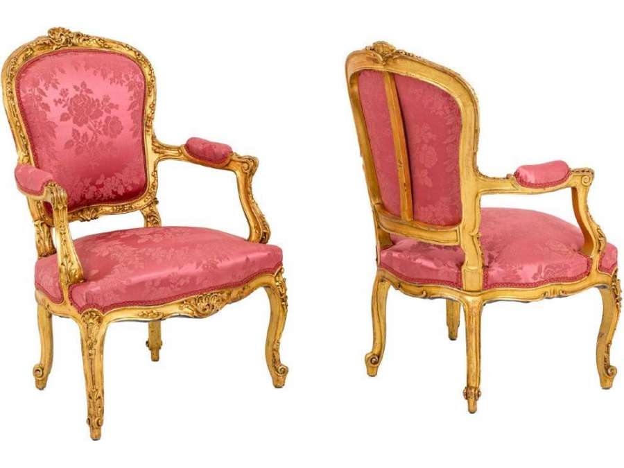 Pair of 19th century wood cabriolets+ armchairs, Circa 1880