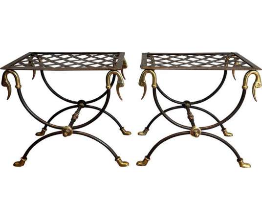 Pair of curules stools of neoclassical style+ in steel and brass circa 1940