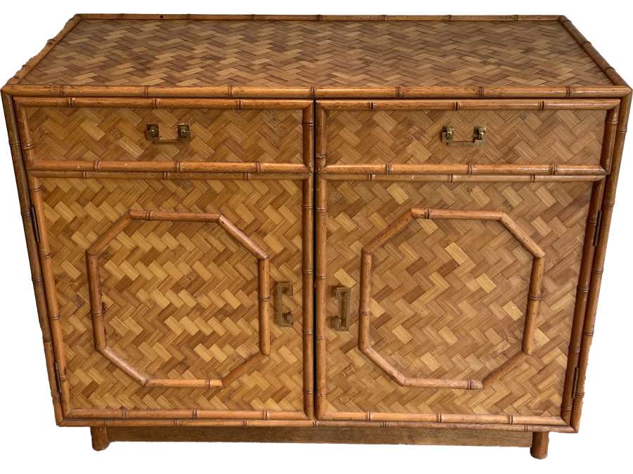 Buffet in straw and bamboo marquetry+ and brass handles circa 1930