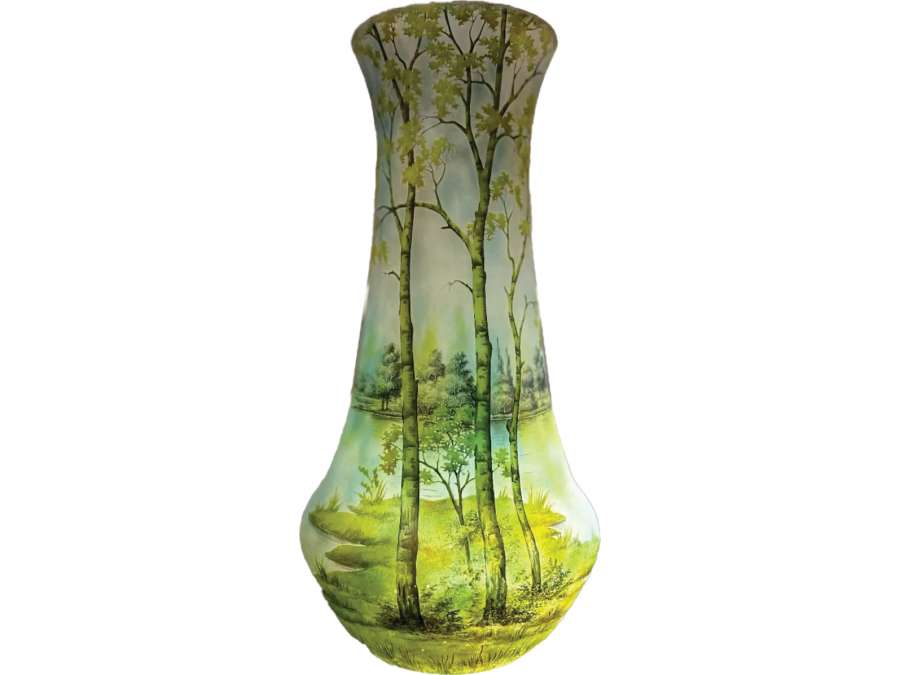 Daum Nancy: “Spring” lake landscape vase +circa 1905