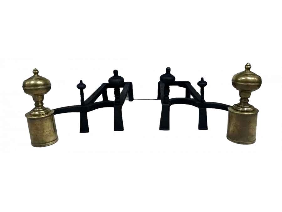 Wrought iron double andirons with three tops from the 18th century