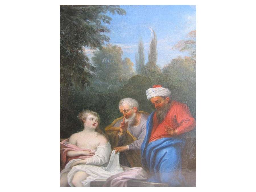 Ancien dessin en Huile sur toile de Suzanne et les vieillards