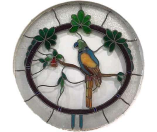 Vitrail art déco perroquet en verre du 20ème siècle