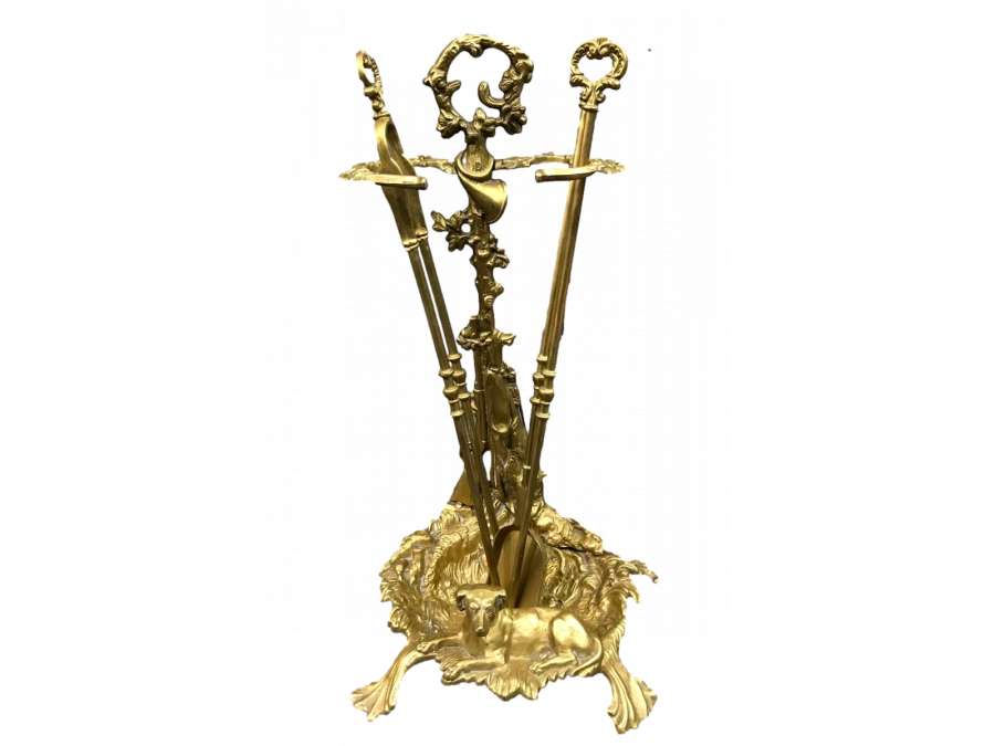 19th century brass fireplace set 'Hunting'