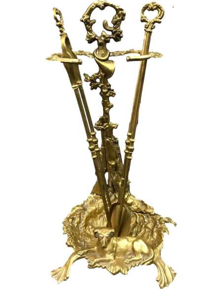 19th century brass fireplace set 'Hunting'-Bozaart