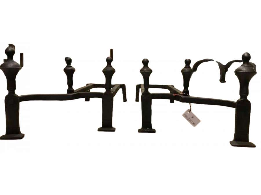 Double wrought iron andirons with spinning tops+ from 18th century