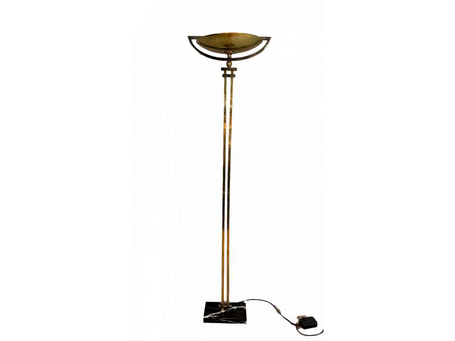 Steel and brass floor lamp+ on black marble base in art deco style circa 1970