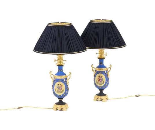 Pair Of Neoclassical Style Porcelain Lamps, Napoleon III era - LS40641431 - oil lamps