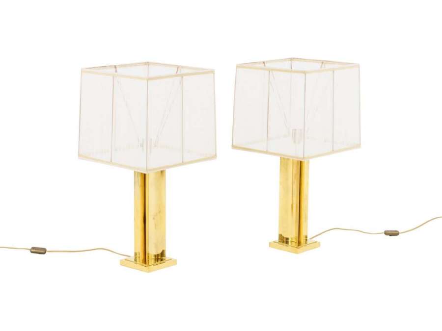Pair Of Gilded Brass Lamps with Geometric Barrel, 1970s - LS4058/4059/1151 - lamps