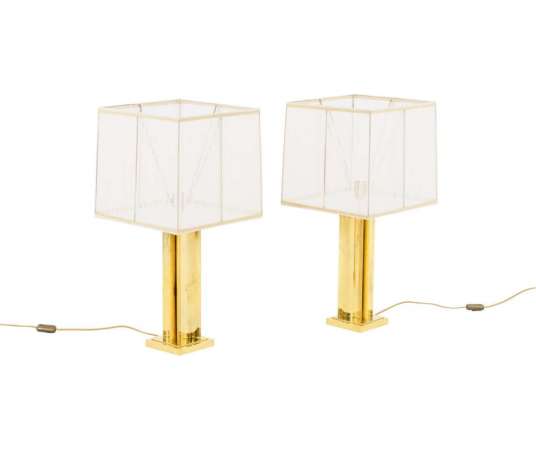 Pair Of Gilded Brass Lamps with Geometric Barrel, 1970s - LS4058/4059/1151 - lamps