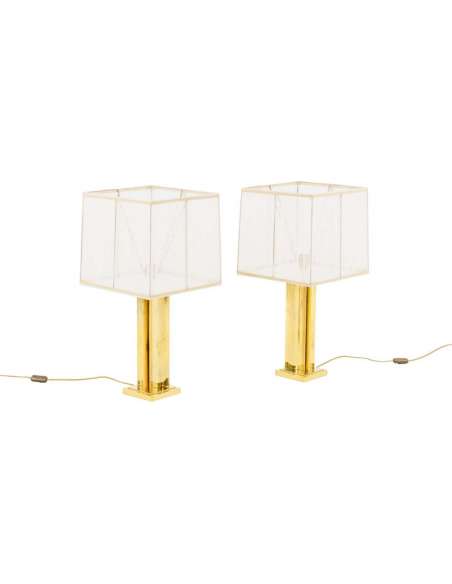 Pair Of Gilded Brass Lamps with Geometric Barrel, 1970s - LS4058/4059/1151 - lamps-Bozaart