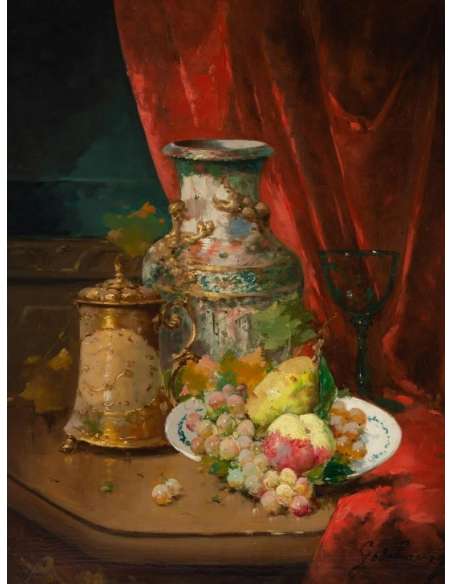 Emile Godchaux (1860 - 1938) : Plate with fruits with a Chinese vase.-Bozaart