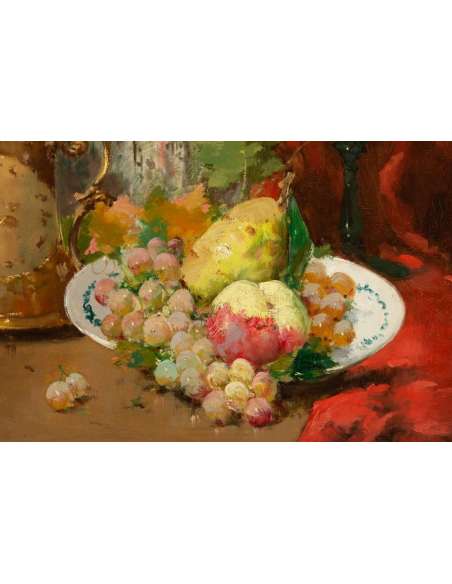 Emile Godchaux (1860 - 1938) : Plate with fruits with a Chinese vase.-Bozaart