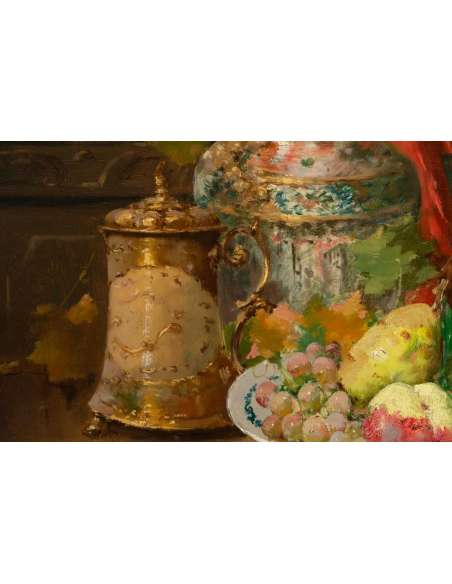 Emile Godchaux (1860 - 1938) : Assiette de fruits au vase de Chine.-Bozaart