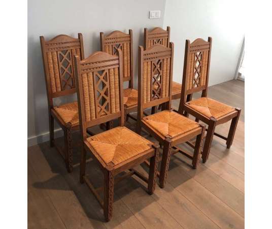 Suite Of 6 Brutalist Chairs In Ash And Straw. French Work. Circa 1950 - Design Seats