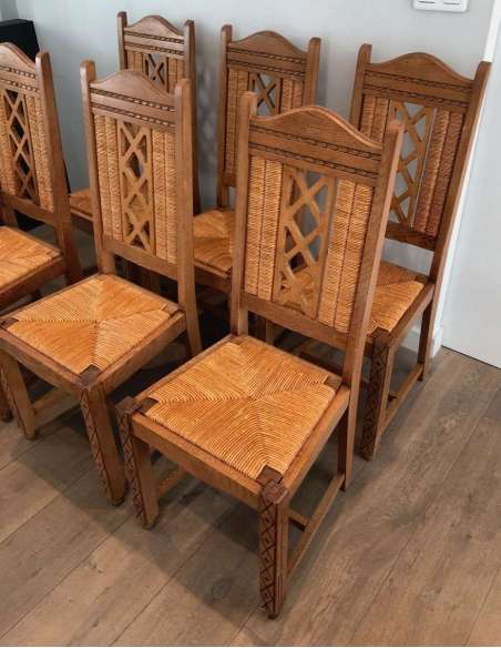 Suite Of 6 Brutalist Chairs In Ash And Straw. French Work. Circa 1950 - Design Seats-Bozaart