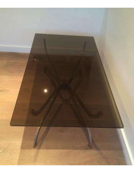 Charles House. Beautiful Coffee Table In Brushed Steel And Smoked Glass Slab. Circa 1960 - Coffee Tables-Bozaart
